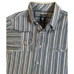 Kuhl Mens Athletic Fit Striped Long Sleeve Button Down Shirt Blue Tan Size M